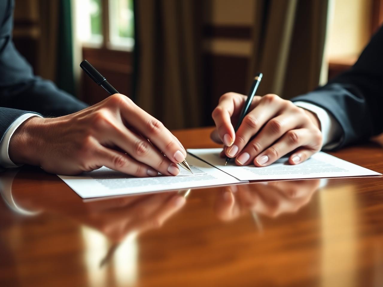 Two people signing official documents at a polished wooden desk with a fountain pen